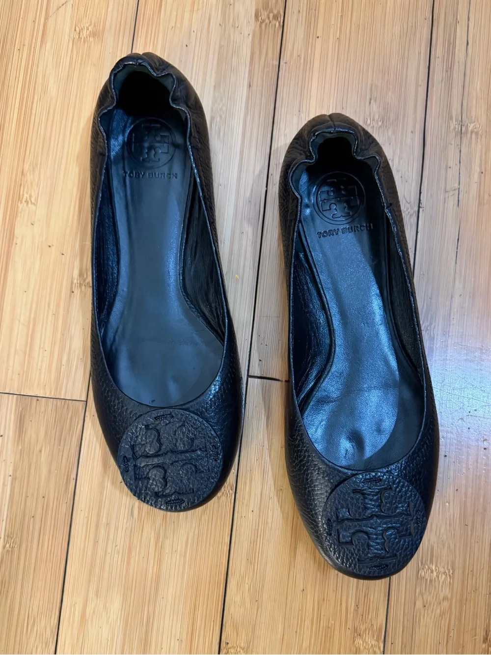Tory Burch Reva Ballet Flats Classic Pebbled Black Size 8.5